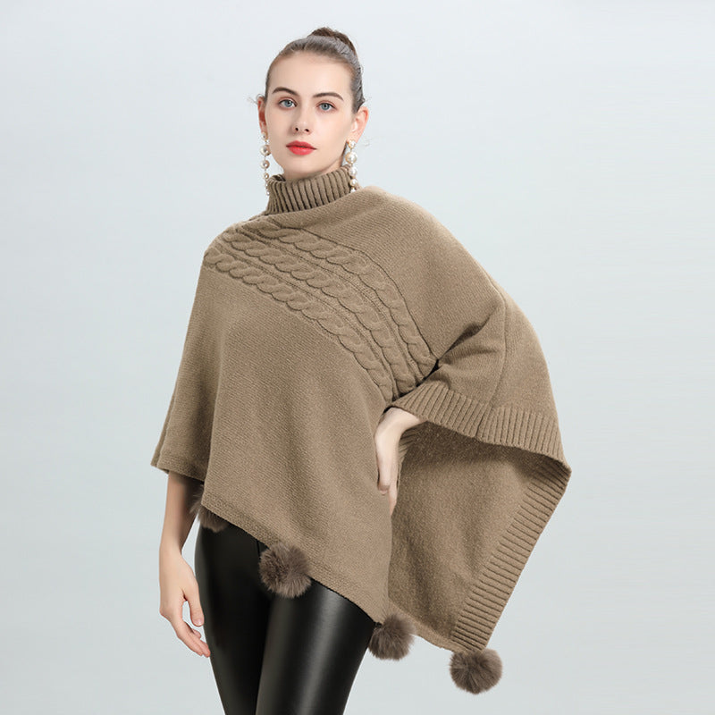 Spring new temperament cape shawl medium and long hairball turtleneck pullover knitted sweater cape 0939 #