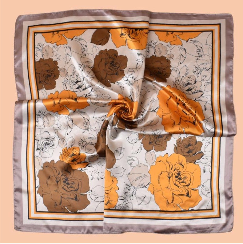 Spring and summer temperament big flower printing versatile decorative scarf headscarf silk scarf 90 high-quality satin large square scarf