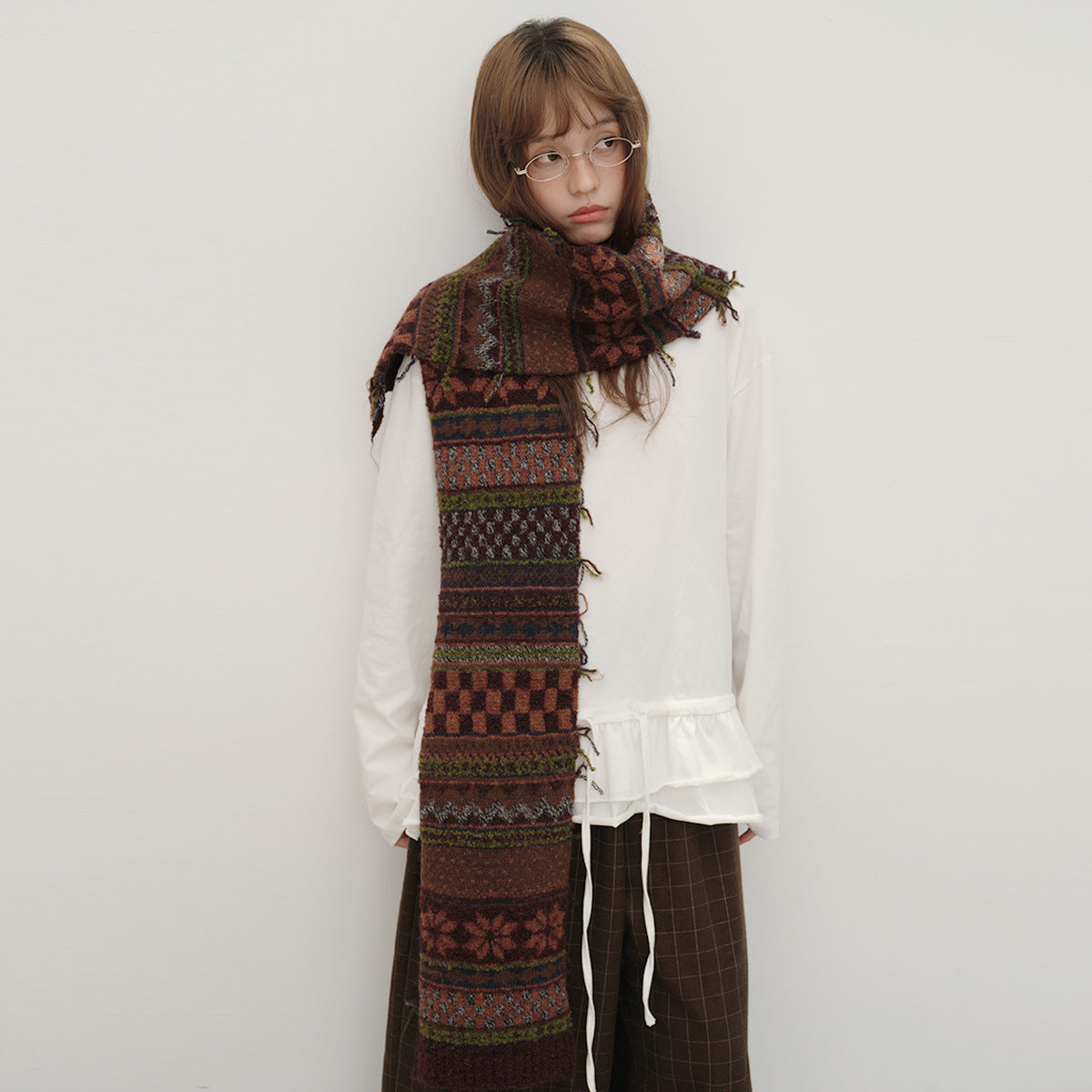 Designer 50% wool blended Fair Island jacquard rough edge knitted scarf women's winter vintage wool scarf