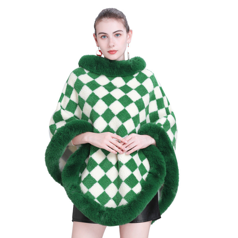 European and Korean autumn and winter new cape shawl thickened plaid fur collar crew neck pullover shawl cape jacket 0986 #