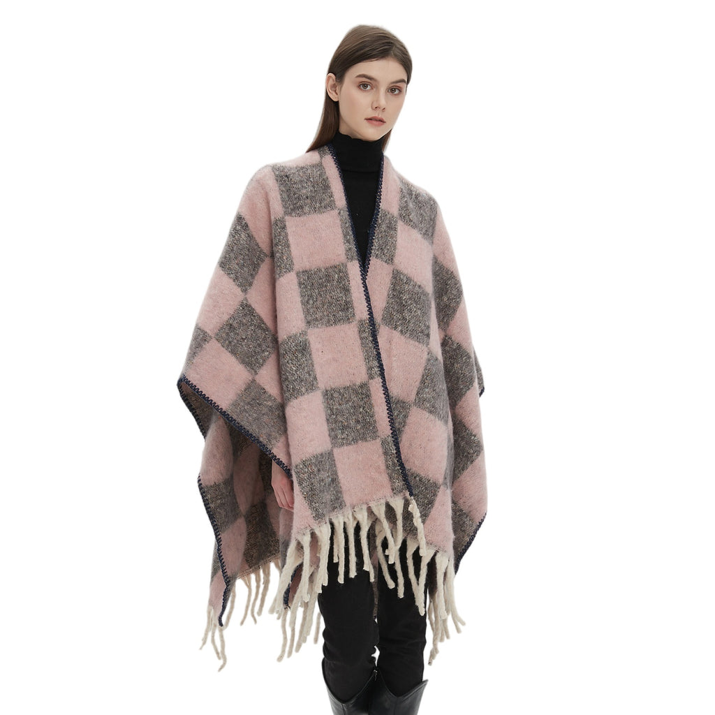 New European, American autumn and winter circle yarn imitation mohair thickened jacquard checkered cross shawl