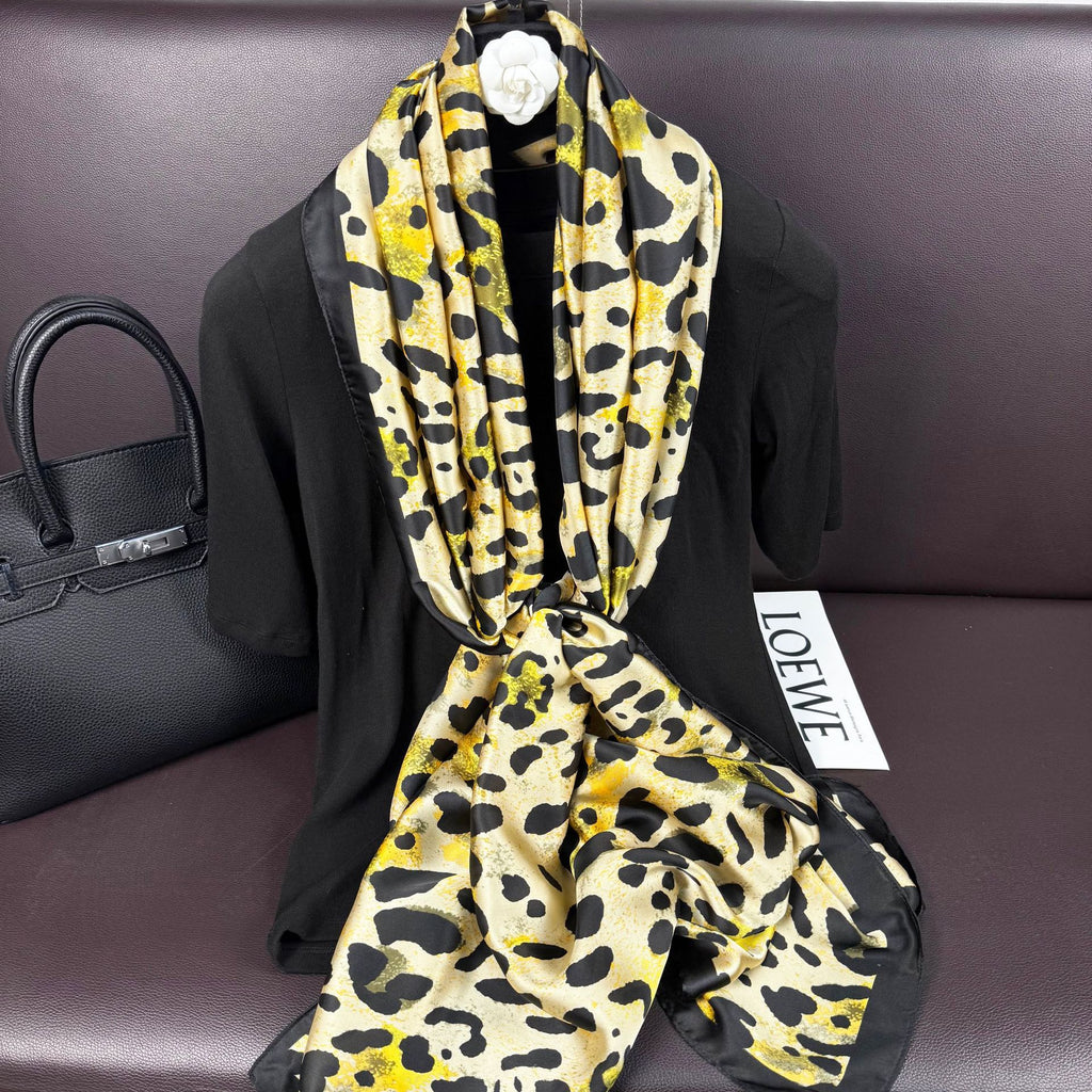European and American fashion simulation silk long silk scarf, simple and versatile leopard print simulation silk travel vacation shawl