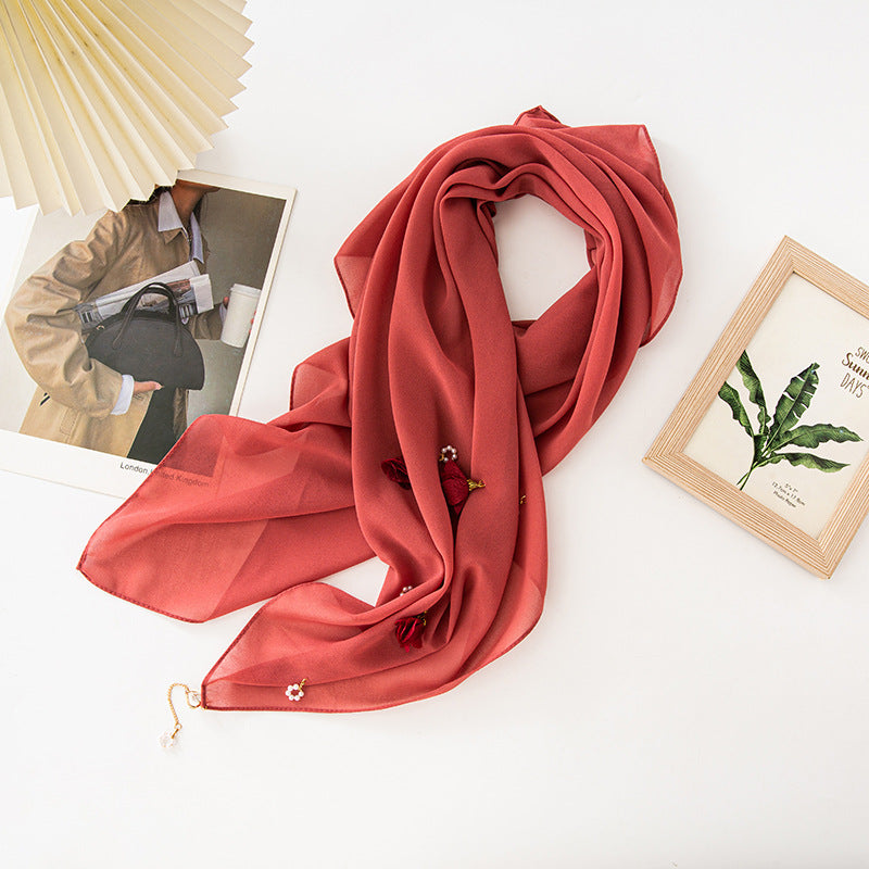 New pearl chiffon flower pearl scarf yarn scarf 90CM square scarf Middle East and Africa headscarf