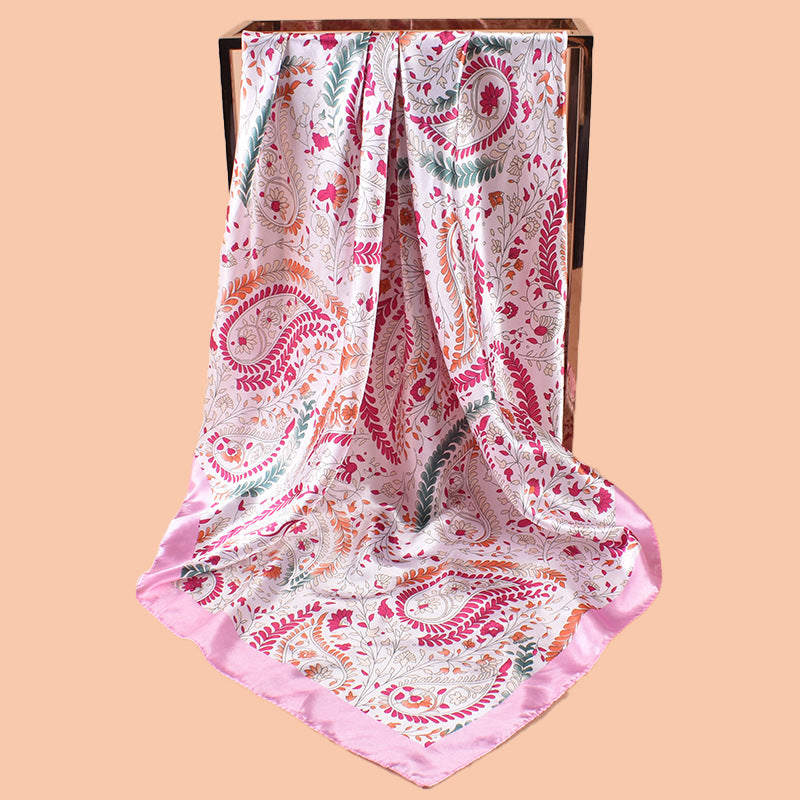 New 90cm satin leaf flower cashew flower printed square scarf with sunscreen, bag head silk scarf decoration, scarf