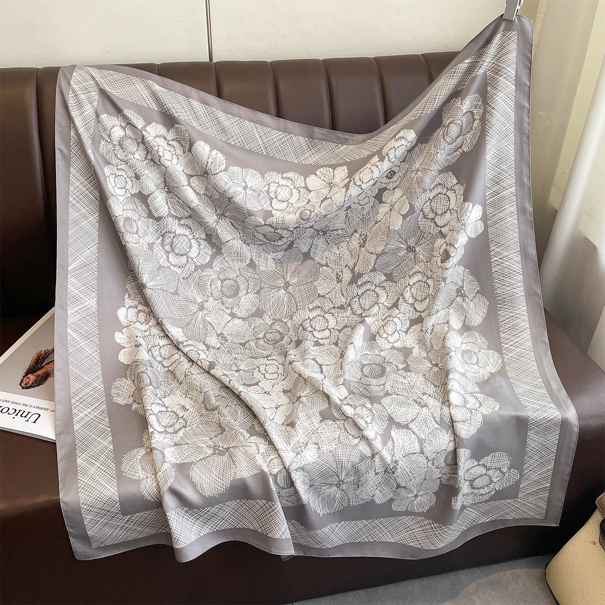 Spring and Autumn Thin Plant Flower Printing Neck Protection Scarf Women's 90 Twill Square Scarf Premium Foreign Shawl