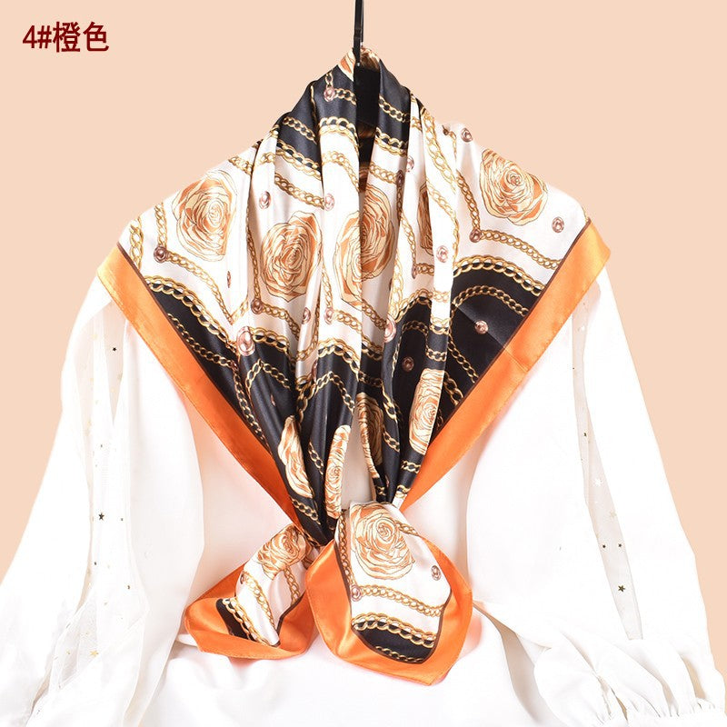 Spring and summer scarf chain flower printing versatile decorative scarf headscarf silk scarf 90 high-quality satin square scarf