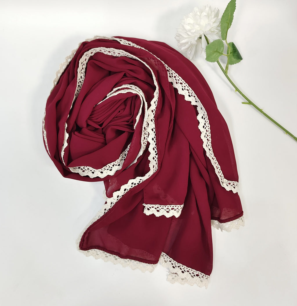 New ins fashion monochrome pearl chiffon lace fringed  scarf headscarf hijab