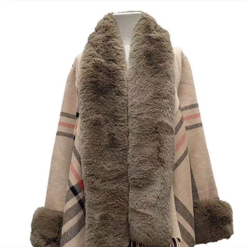 8325 #autumn and winter new irregular large fur collar plaid fringed shawl jacket medium and long knitted cardigan