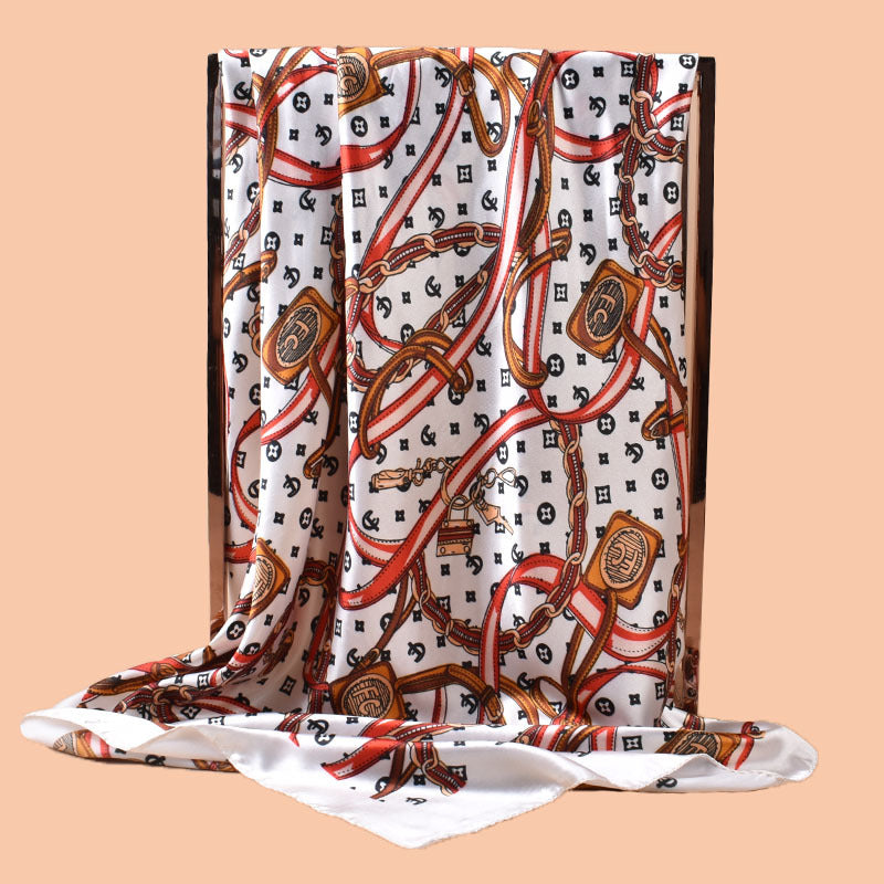 2025 new 90cm satin chain belt printed square scarf with sunscreen bag head silk scarf decorative scarf