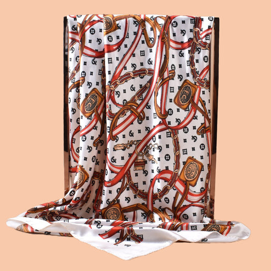 2025 new 90cm satin chain belt printed square scarf with sunscreen bag head silk scarf decorative scarf