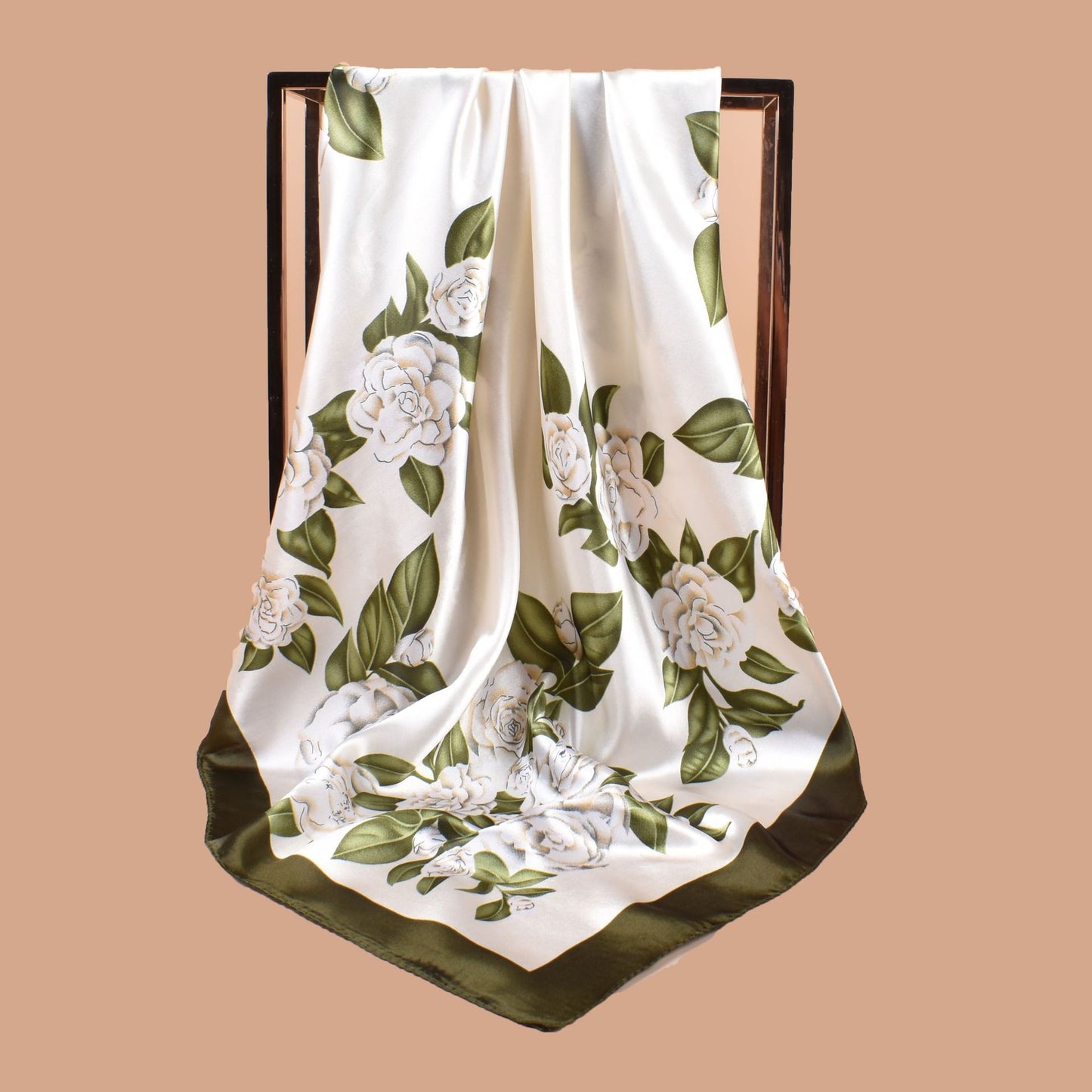 New 90cm-satin peony, flower-printed square scarf with sunscreen, head silk scarf decoration, scarf