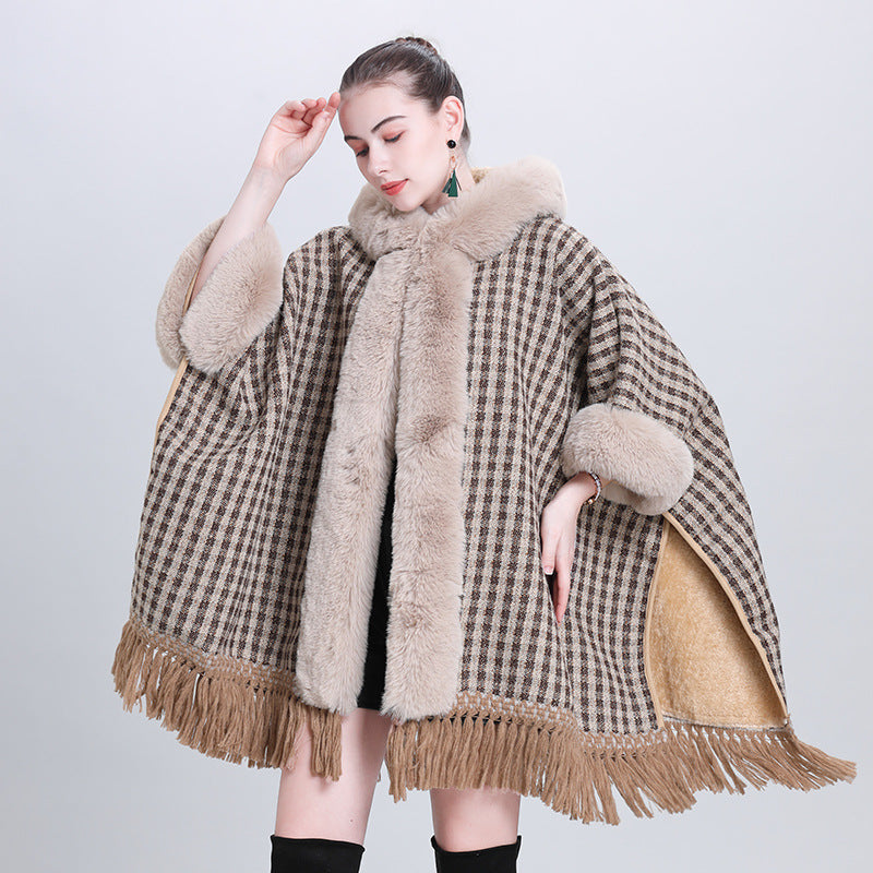 Autumn and winter new cape shawl loose fleece thickened fur collar hooded fringed cardigan shawl cape jacket 1186