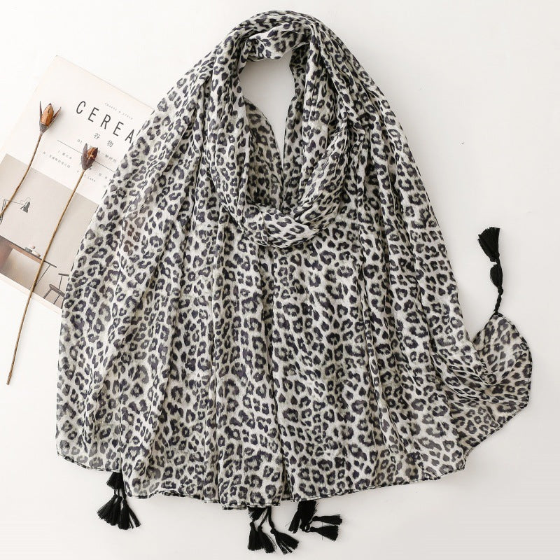 cotton and linen feel scarf leopard print fringed travel sunscreen silk scarf seaside vacation shawl women