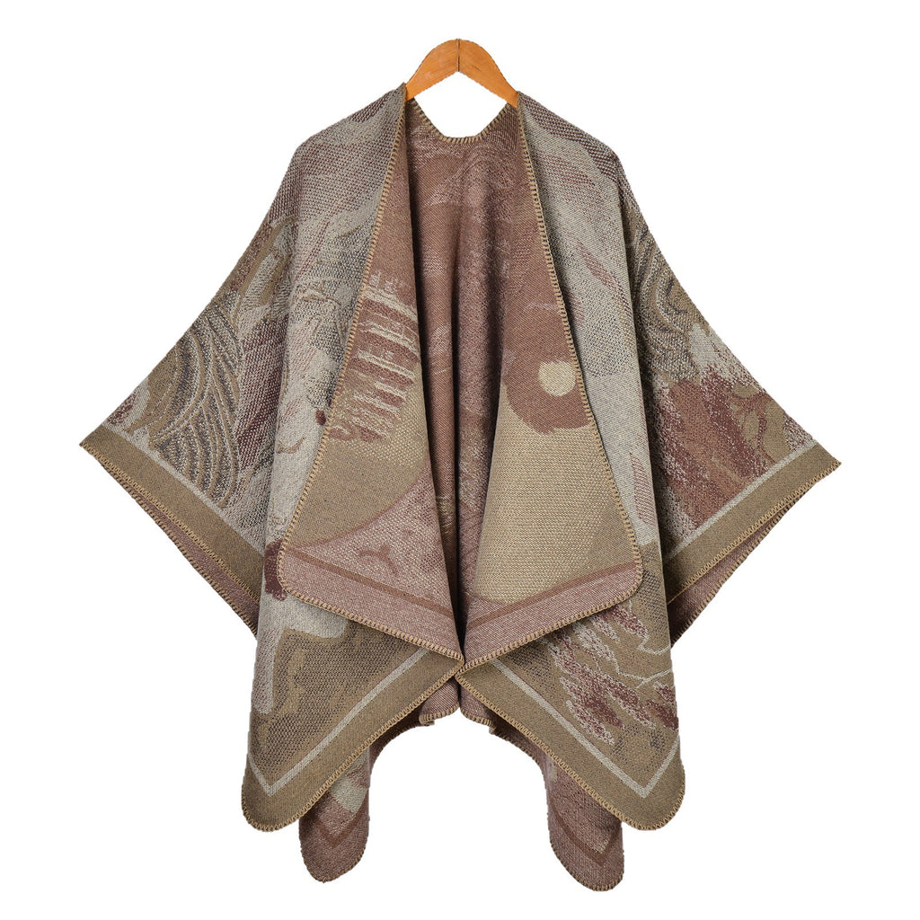 Ethnic style retro photo big shawl lady autumn and winter travel out photo camping warm outside with atmosphere cape