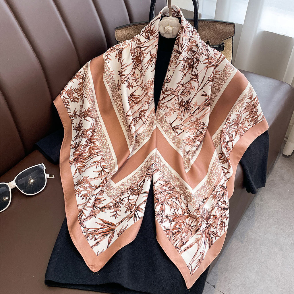 Autumn new classic bamboo leaf 90 printed large square scarf women's imitation silk high-end fashion shawl scarf