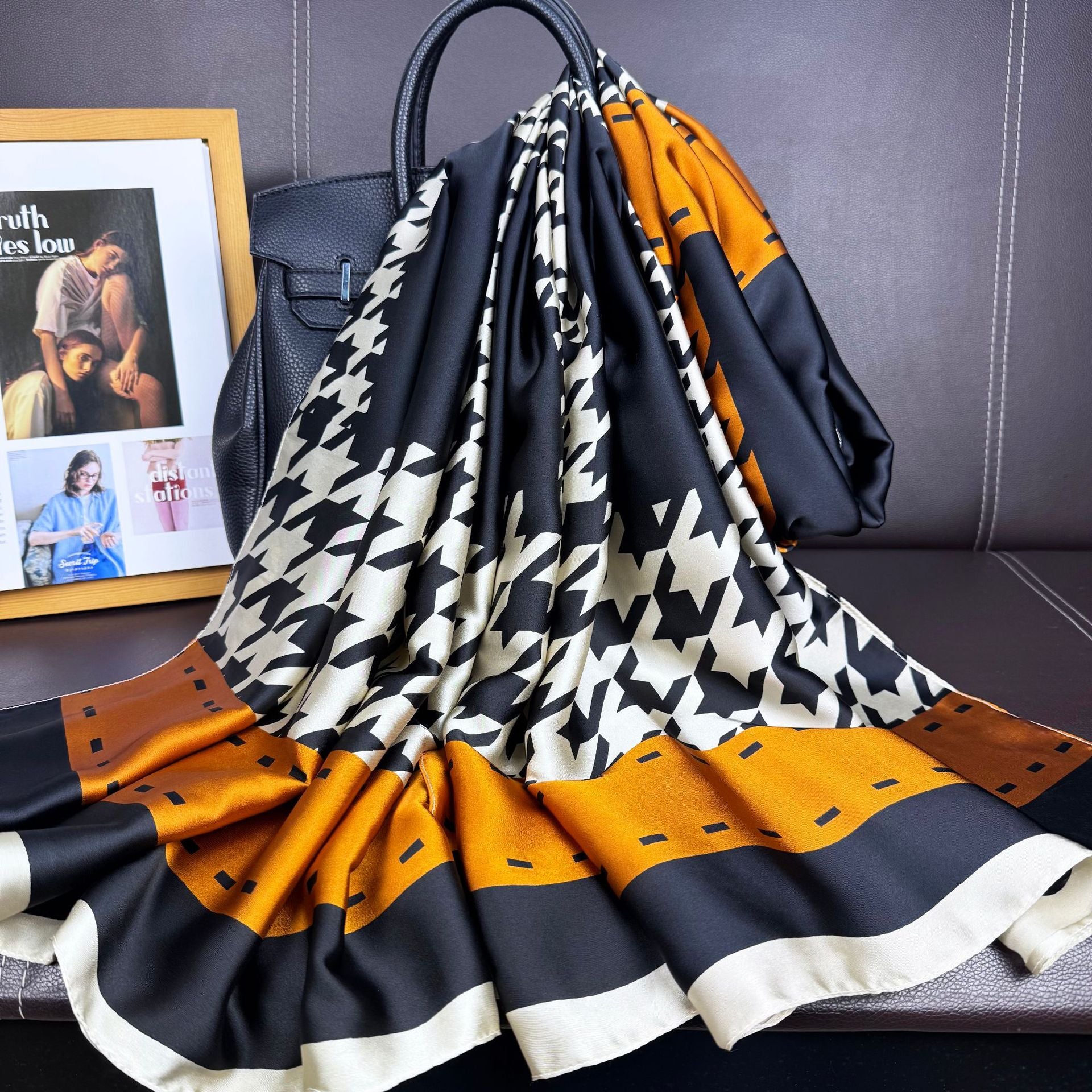 Simple and fashionable versatile thousand bird plaid simulation silk long silk scarf, ethnic headscarf women, outer shawl