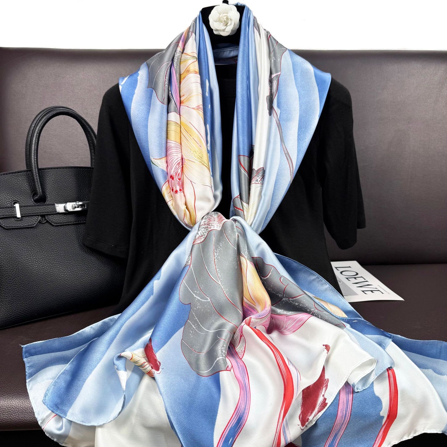 Korean version of temperament women travel and vacation with shawls, literary and ethnic style lotus flower print long silk scarf, souvenir