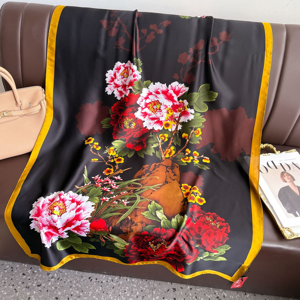 Literary and retro national style, peony flowers and flowers, long silk scarves, high-end mother's gift scarves, shawls