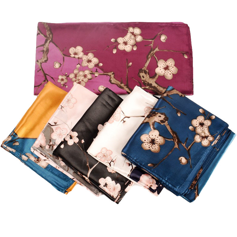 New sweet and fashionable plum blossom flower satin 90cm large square scarf women's silk scarf scarf
