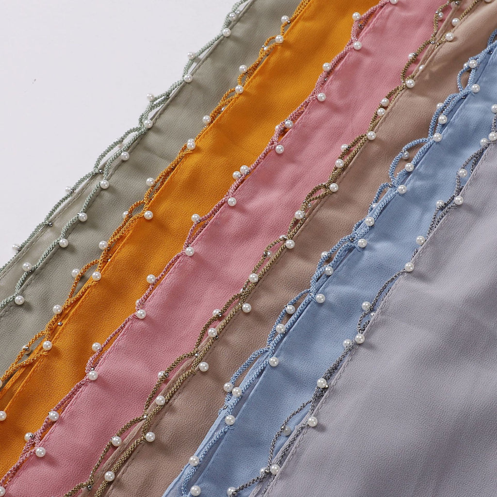 Monochrome pearl chiffon wavy edge beaded scarf gauze malay headscarf middle east Africa hijab