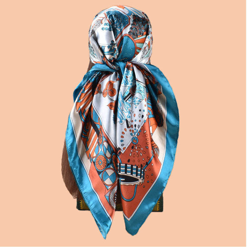 2025 new 90cm-satin geometric retro printed square scarf with sunscreen bag head silk scarf decorative scarf