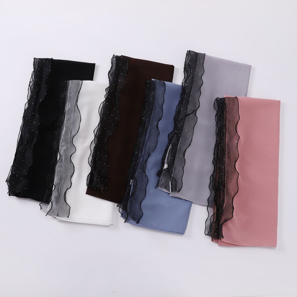 New Pearl Chiffon Hot Diamond Lace Ribbon Scarf  Malaysian, Middle Eastern, Headscarf