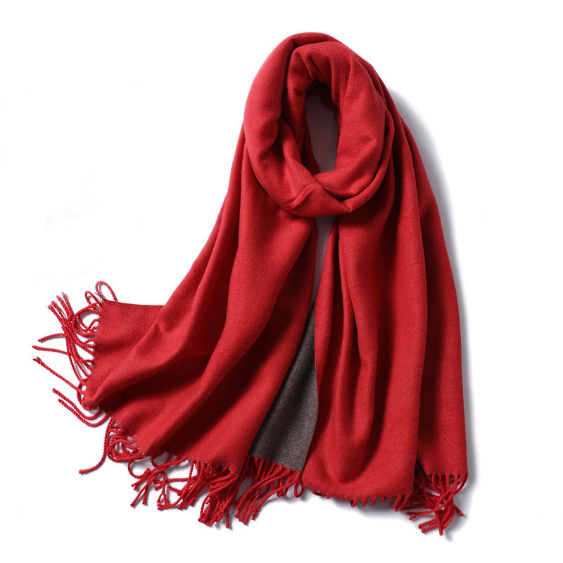 Simple solid color imitation cashmere scarf men's and women's winter thickened warm double-sided two-color versatile fringed shawl core-spun yarn