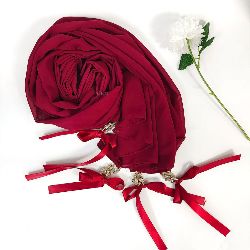 New ins fashion monochrome pearl chiffon diamond jewelry bow tassel  bag headscarf hijab