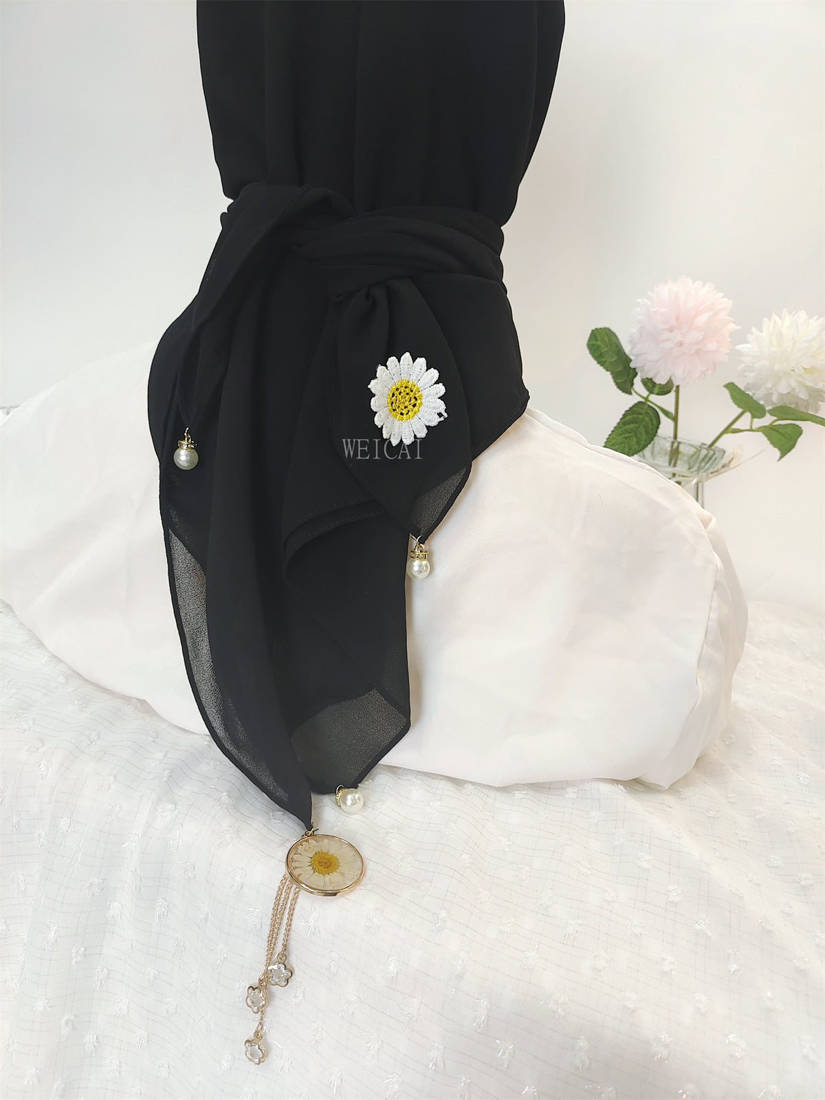 New solid color chiffon square scarf headscarf ins wind small daisy dried flower yarn hijab