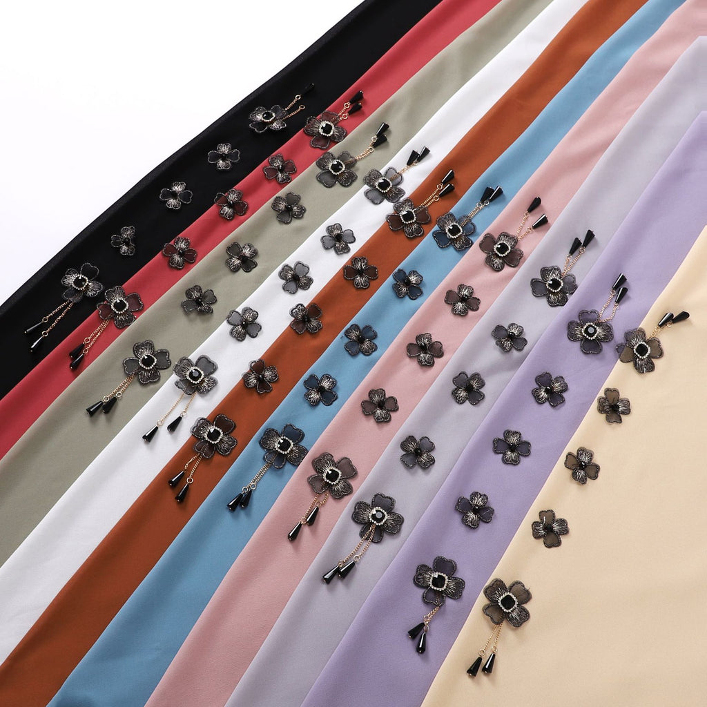Flower chain rhinestone pearl chiffon square scarf 90 * 90cm headscarf Malaysia Hijab