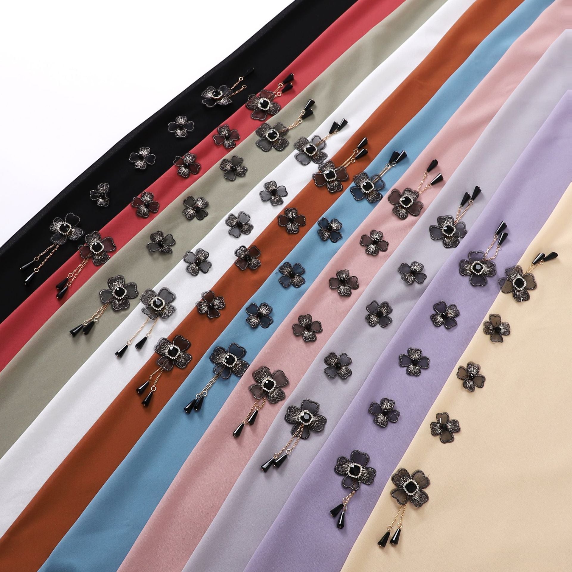 Flower chain rhinestone pearl chiffon square scarf 90 * 90cm headscarf Malaysia Hijab