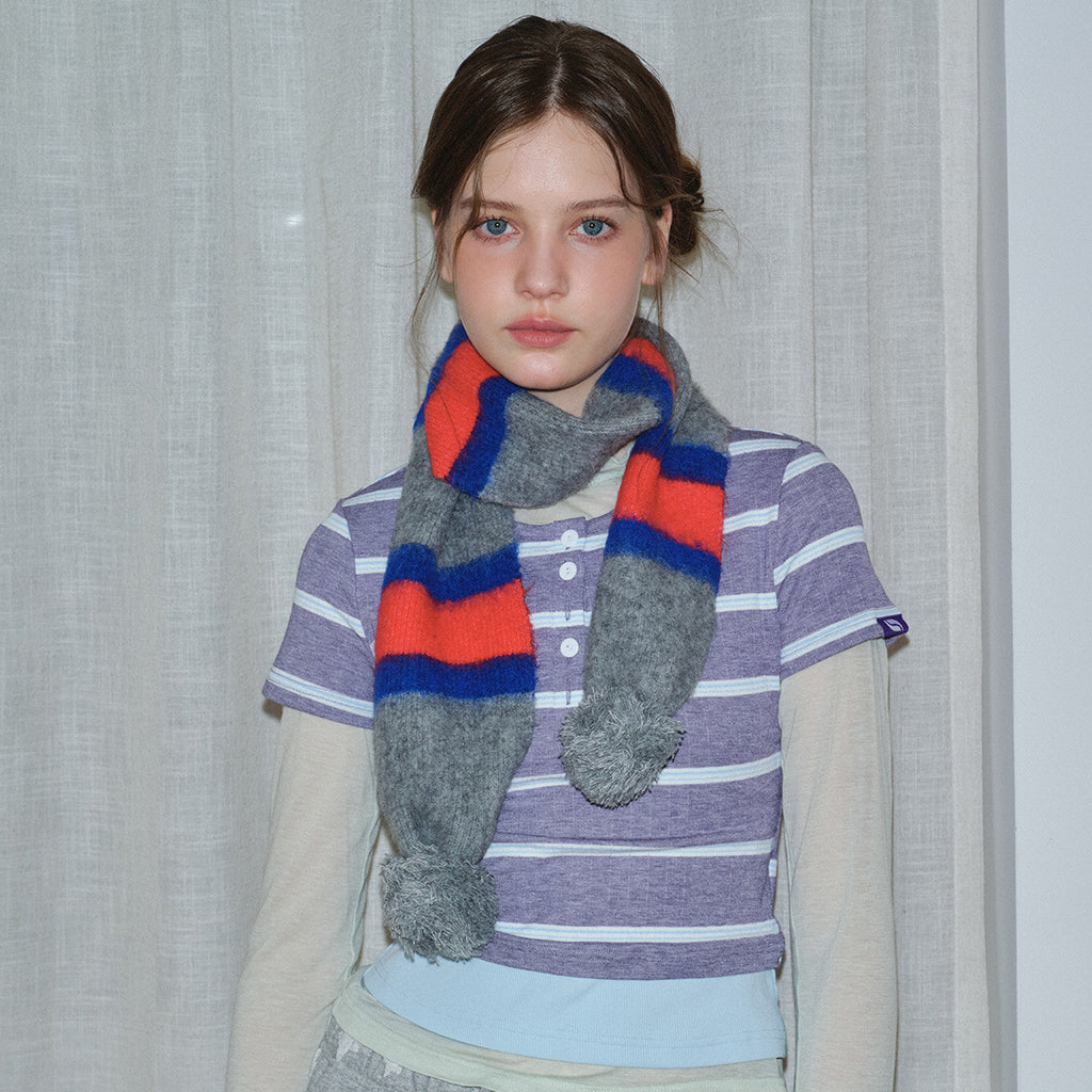 Designer wool-blend brushed striped knitted scarf female winter girl hanging hairball contrasting color Korean scarf