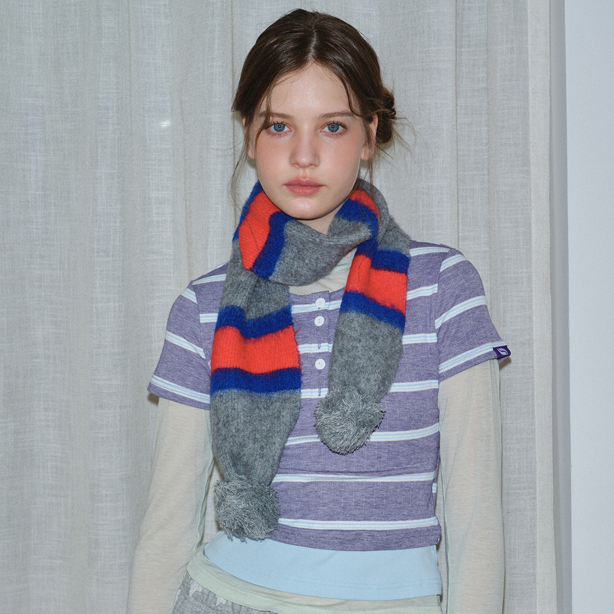 Designer wool-blend brushed striped knitted scarf female winter girl hanging hairball contrasting color Korean scarf