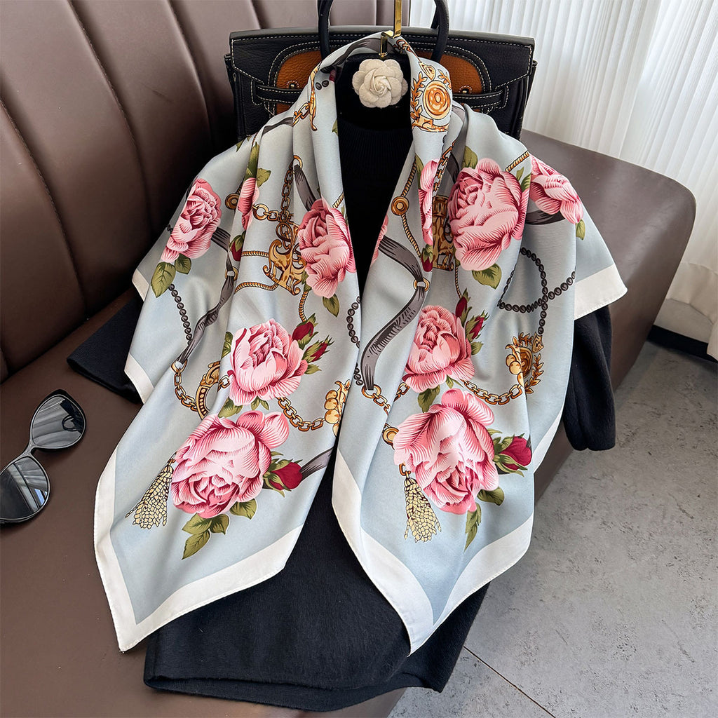Korean version of premium camellia silk scarf 90cm twill silk scarf new chain large square scarf sunscreen shawl headscarf women