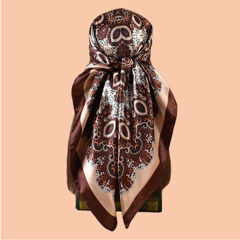 2025 new 90cm-satin ethnic style geometric printing square scarf with sunscreen bag head silk scarf decorative scarf