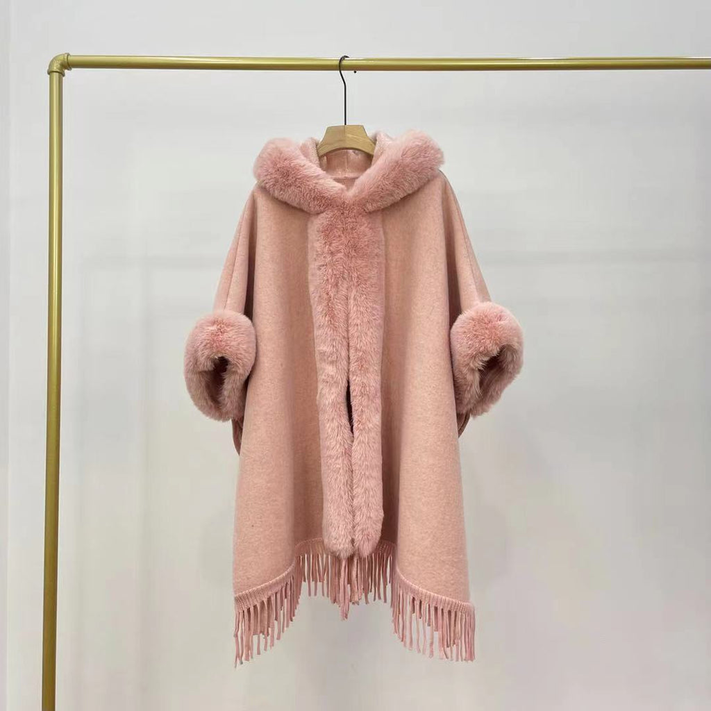 Autumn and winter new velvet thickened fur collar hooded fringed knitted woolen cape jacket 0878 #