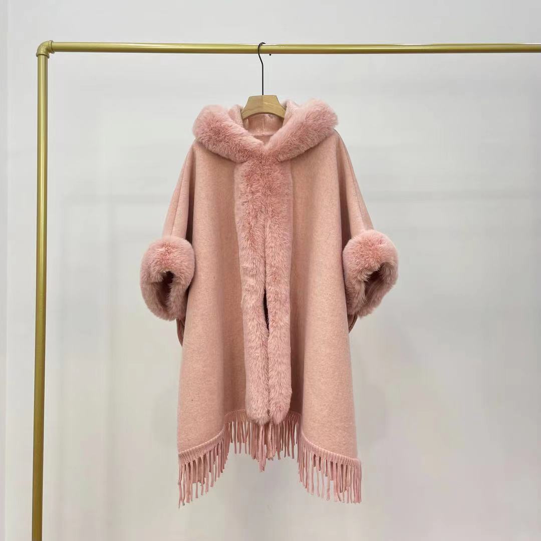 Autumn and winter new velvet thickened fur collar hooded fringed knitted woolen cape jacket 0878 #