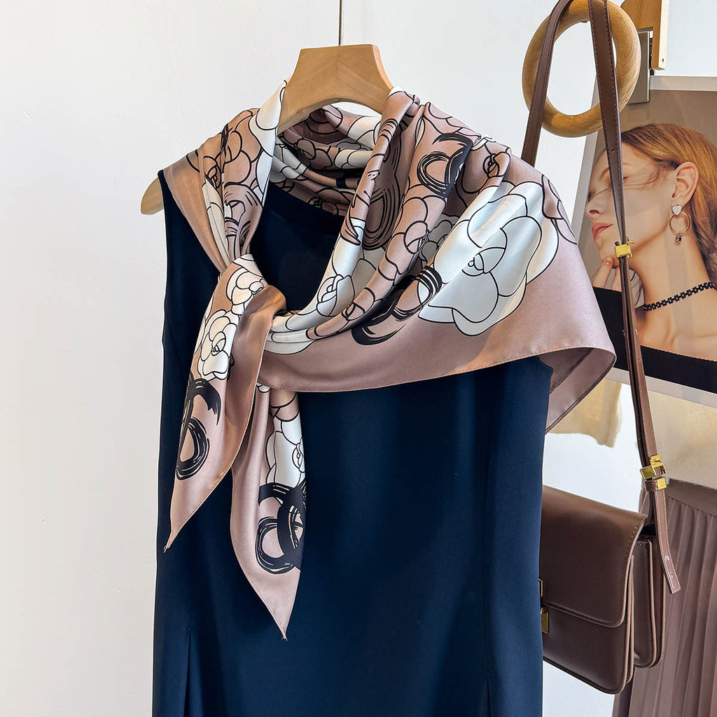 New Xiaoxiangfeng Camellia Printed Silk Scarf 90cm Twill Large Square Scarf Premium Sunscreen Shawl Headscarf Female Tide