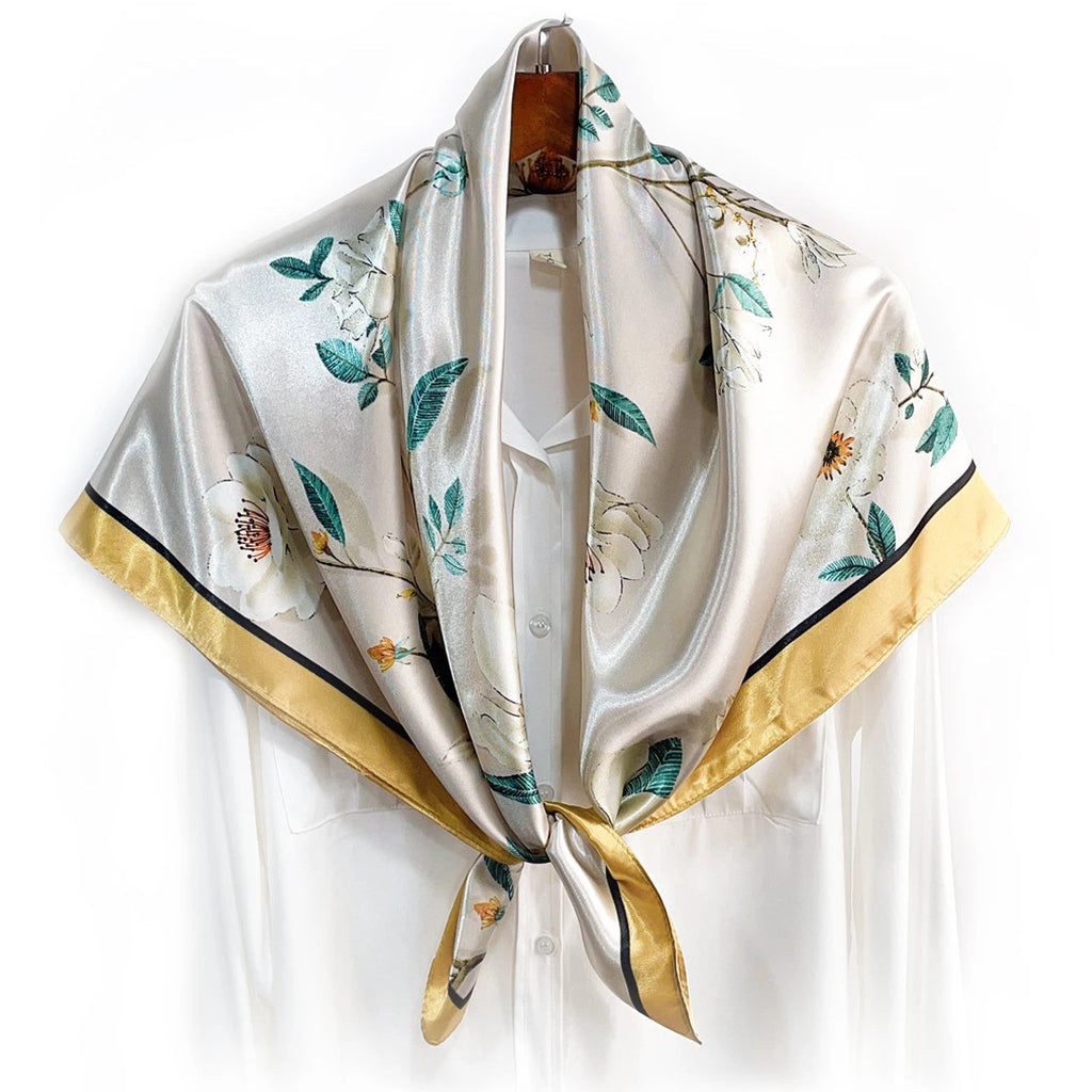 Elegant temperament women's decorative scarf, imitation silk satin plant flower flower printed silk scarf, bag head square scarf