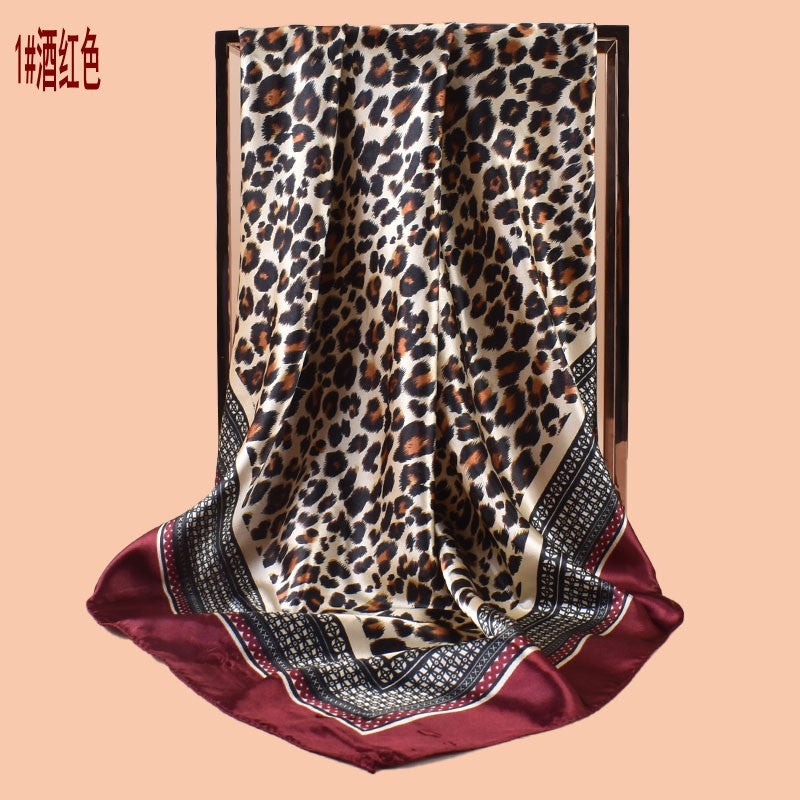 New 90cm-satin leopard print round symbol printed square scarf with sunscreen, bag head silk scarf decoration, scarf