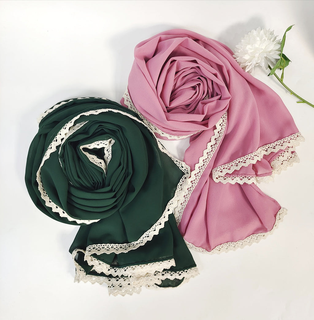 New ins fashion monochrome pearl chiffon lace fringed  scarf headscarf hijab