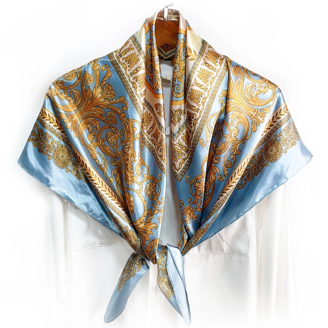 Temperament simple and elegant bow flower print silk scarf 90cm square scarf, Indonesian national bag head scarf scarf scarf