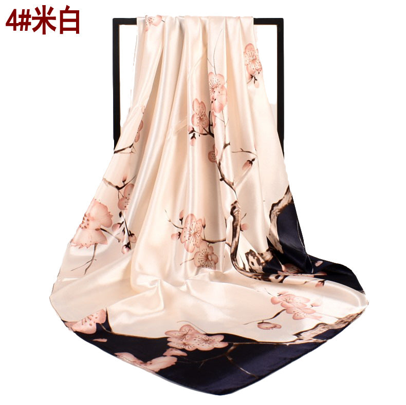 New sweet and fashionable plum blossom flower satin 90cm large square scarf women's silk scarf scarf