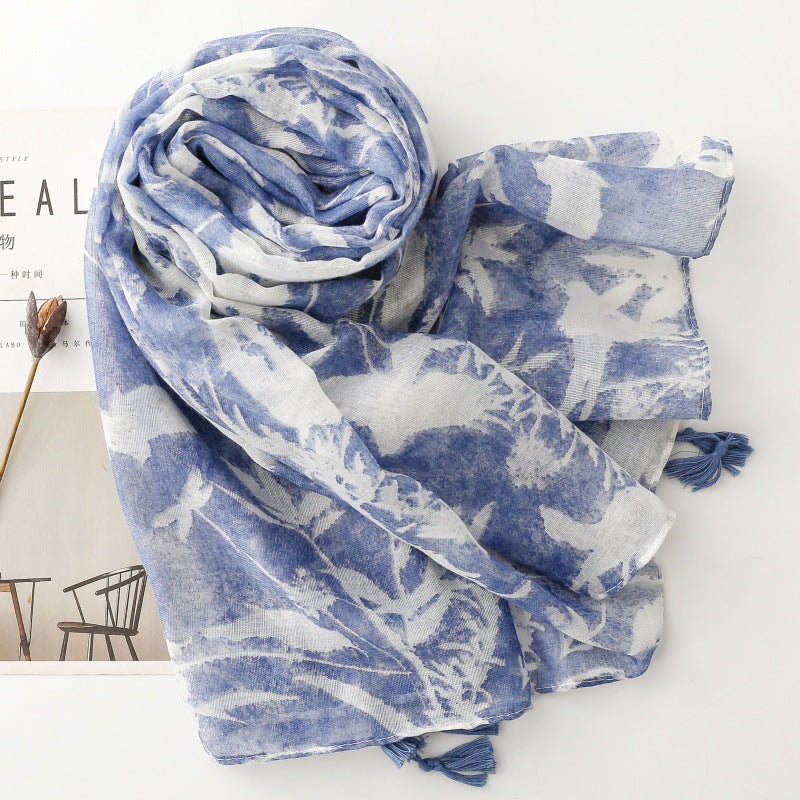 Retro ethnic style women's scarf solid color rubbing style flower painted pattern beard travel accessories silk scarf shawl