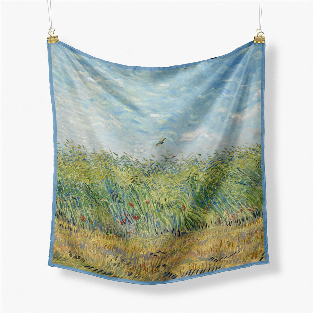 Fashion Van Gogh art oil painting 53cm small square scarf, twill silk imitation silk women's scarf, headband
