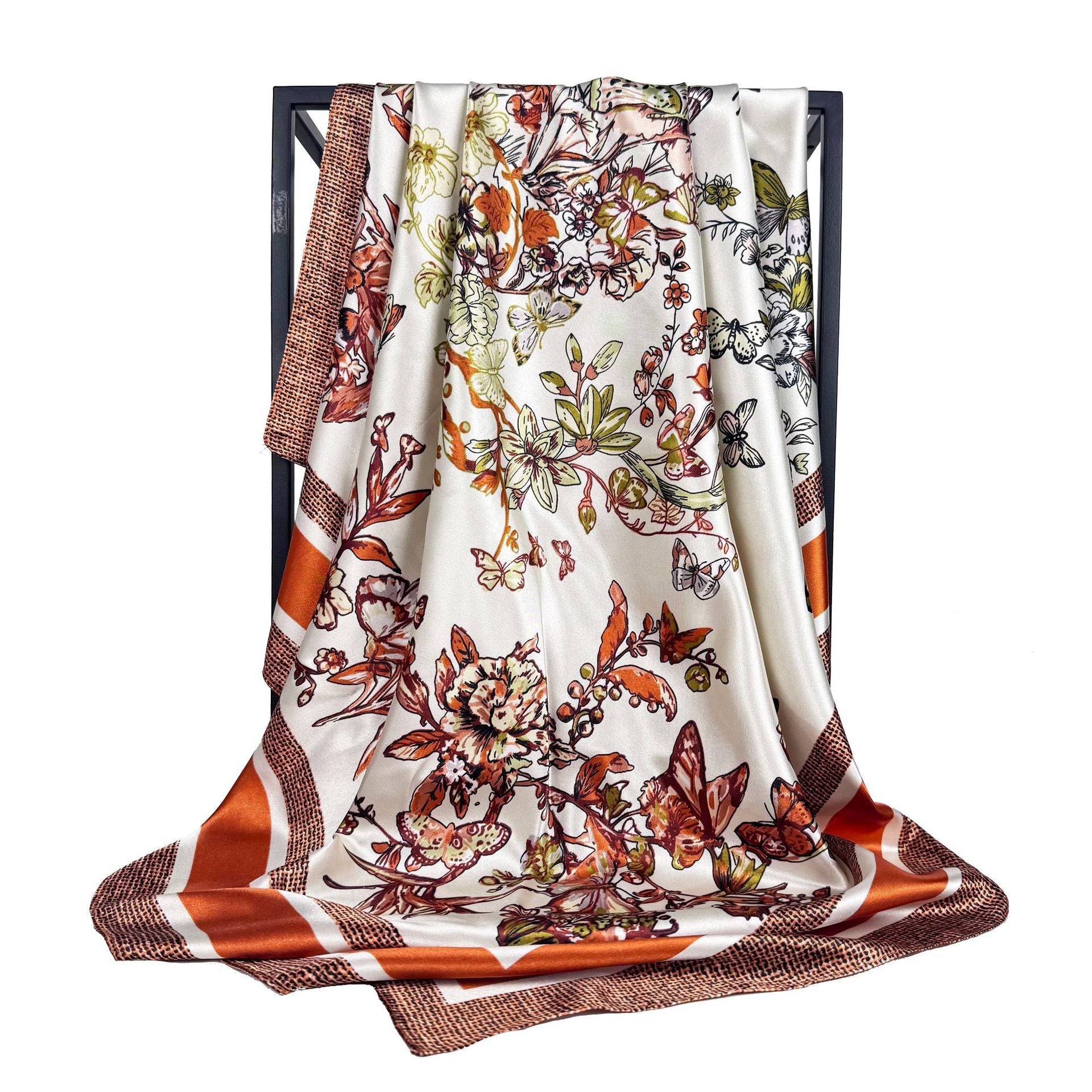 Spring and summer Korean version of butterfly flower 90 square scarves, simulated silk and satin women's head scarf, outer scarf gift