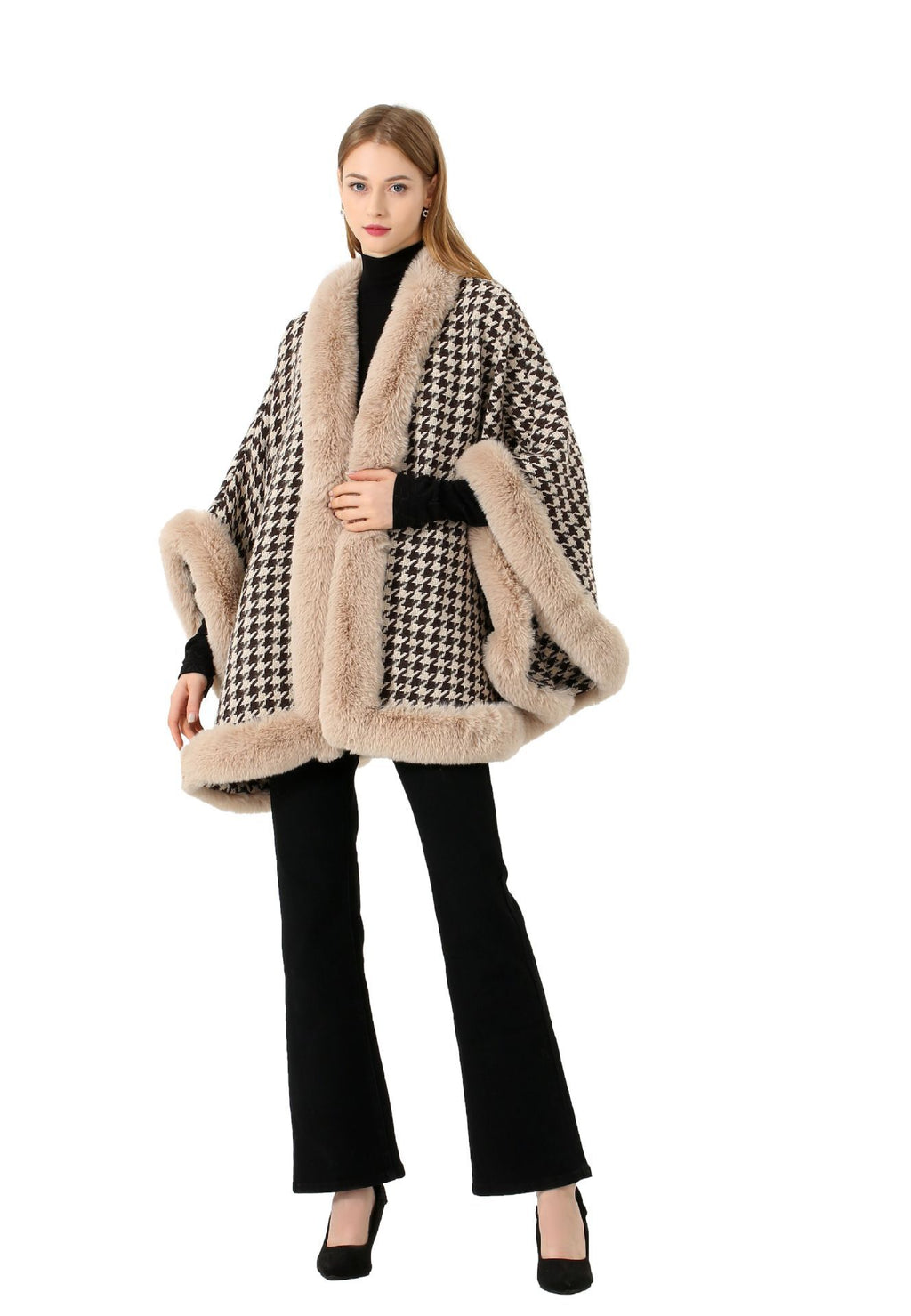 Autumn and winter new imitation Rex rabbit hair oversized fur collar thousand bird plaid woolen shawl scarf cape jacket women's cape 018 #