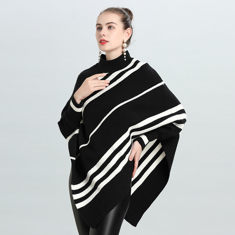 Autumn and winter new irregular striped semi-turtleneck bat sleeve pullover knitted sweater cape women 0950 #