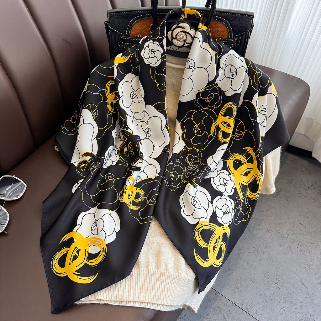 New Xiaoxiangfeng Camellia Printed Silk Scarf 90cm Twill Large Square Scarf Premium Sunscreen Shawl Headscarf Female Tide