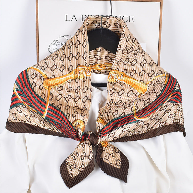 New French chain ring pattern printed pleated 90-color large square towel, head towel simulation silk